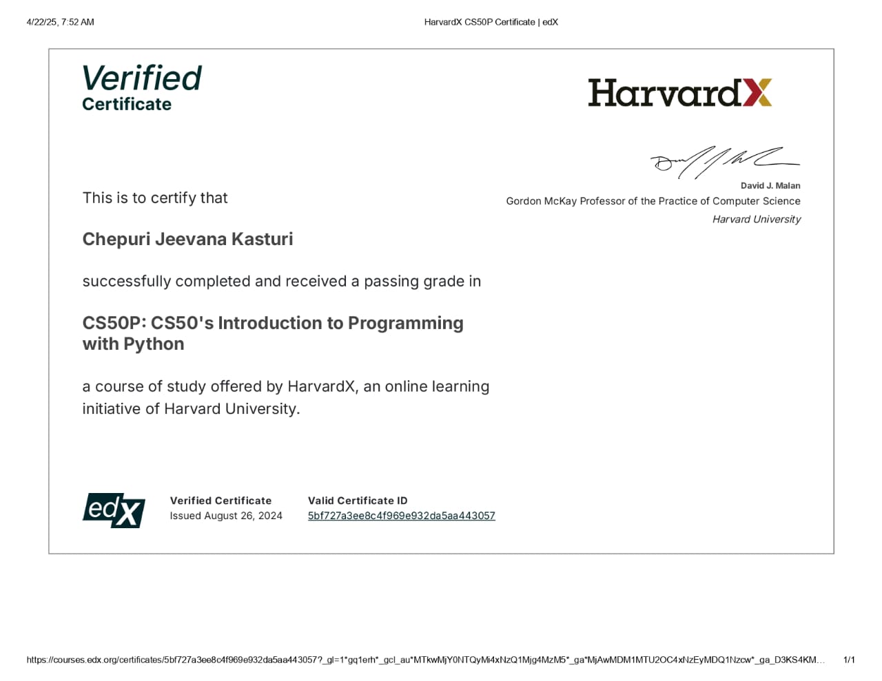 HarvardX CS50P Certificate
